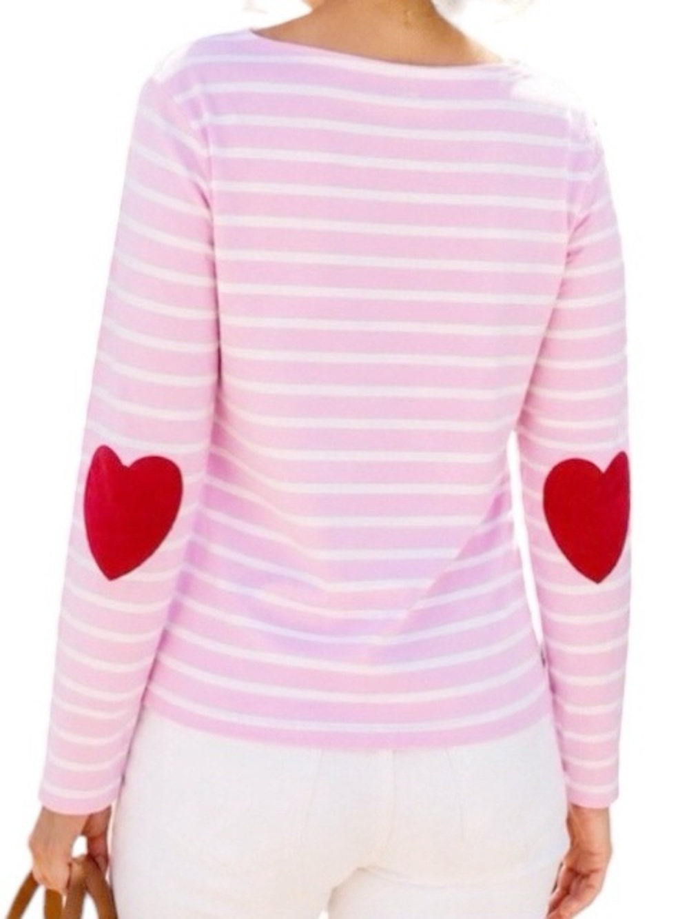 J. Crew Factory Medium Pink & White Striped Red Heart Elbow Patch Breton Top